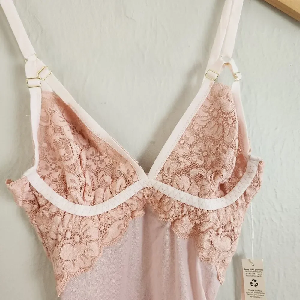 NWT We Are Hah x Free People Bust Out Lace Mesh Bodysuit Sheer Pink Floral XS